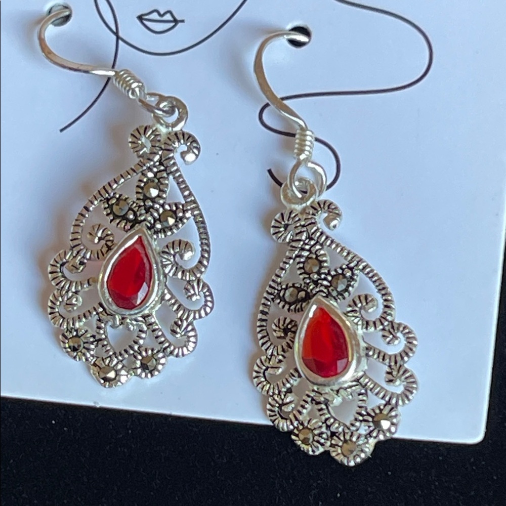 Silver Filigree Teardrop Earrings with Red Accent - Picture 4 of 4